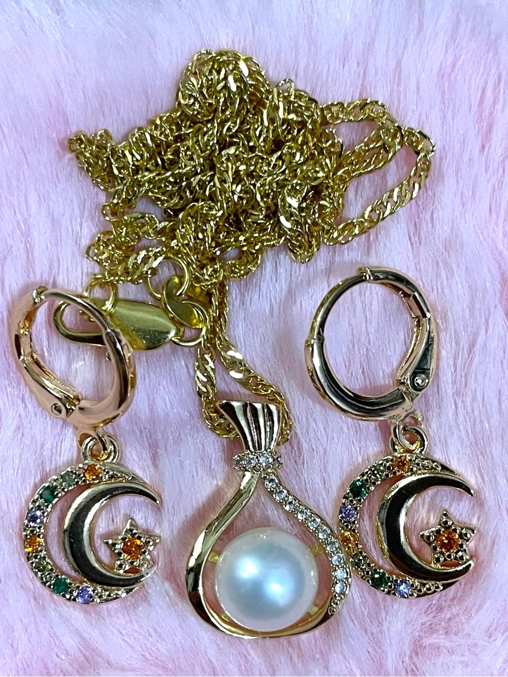 Natural White South Sea Pearl Pendant Necklace 22”, 18K Gold Filled Earrings